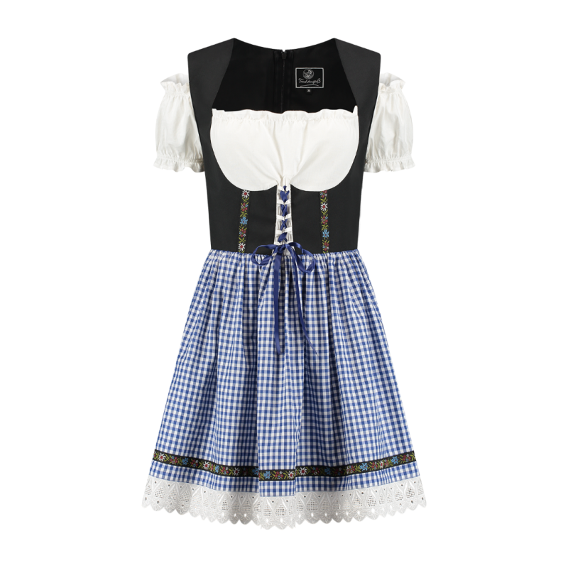 Korte dirndl Elsa met zwart lijfje en blauw-wit geruite rok