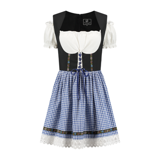Korte dirndl Elsa met zwart lijfje en blauw-wit geruite rok
