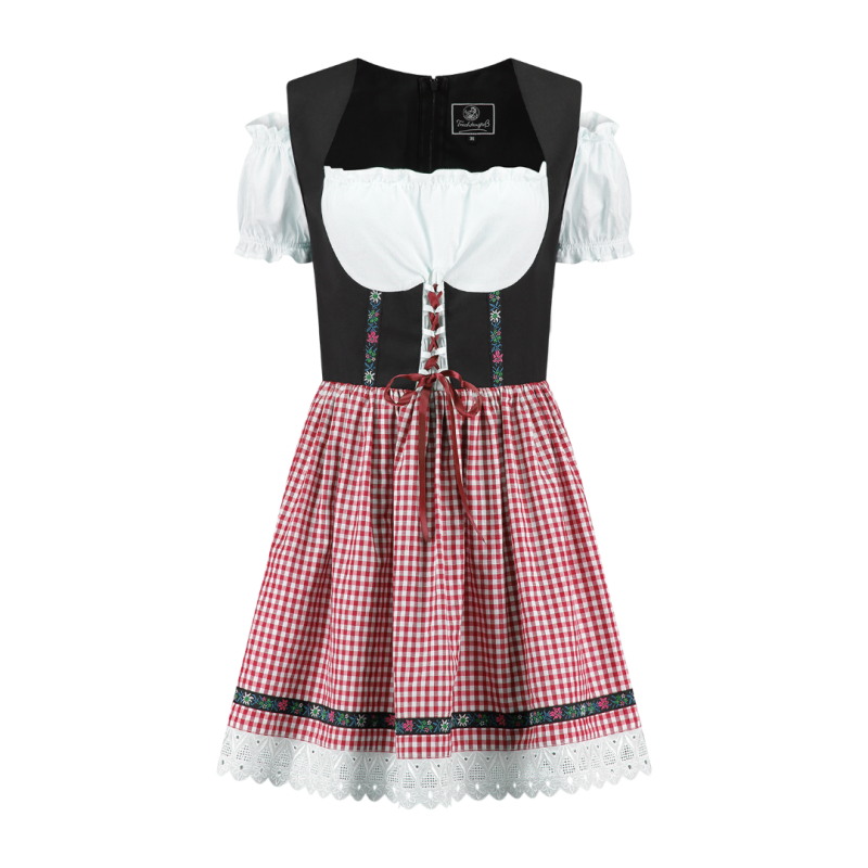 Korte dirndl Nena met zwart lijfje en rood-wit geruite rok
