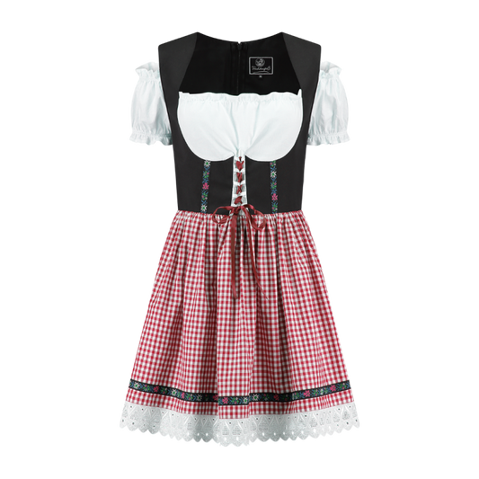 Korte dirndl Nena met zwart lijfje en rood-wit geruite rok