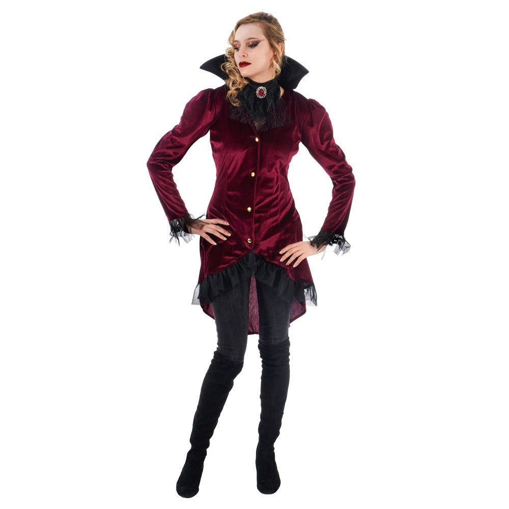 Vampierkostuum Jasna met bordeauxrood jasje met hoge kraag en jabot