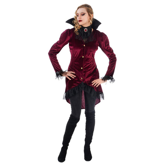 Vampierkostuum Jasna met bordeauxrood jasje met hoge kraag en jabot