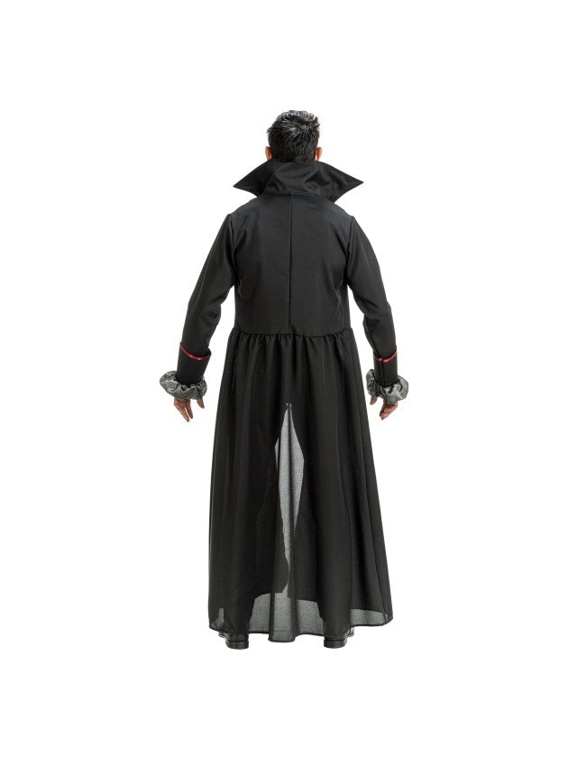 Man in vampierkostuum Sirius met lange zwarte jas en rood gilet - productfoto 2