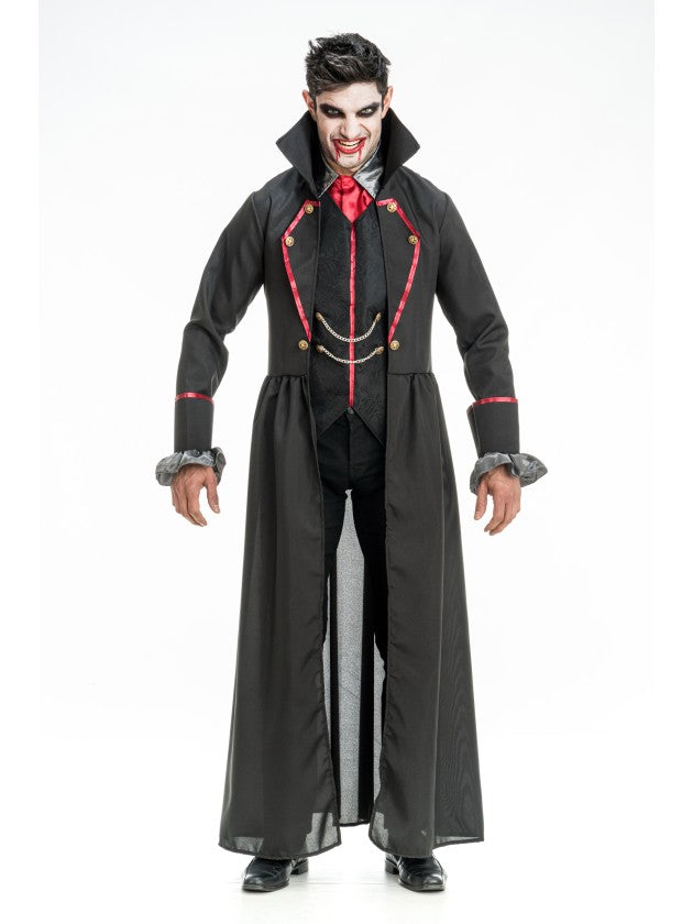 Man in vampierkostuum Sirius met lange zwarte jas en rood gilet - productfoto 3
