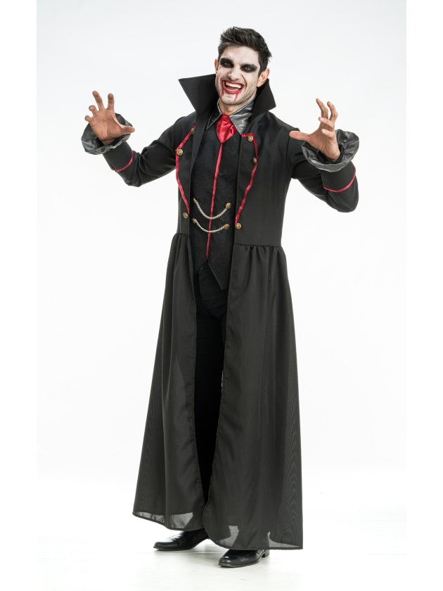 Man in vampierkostuum Sirius met lange zwarte jas en rood gilet - productfoto 4