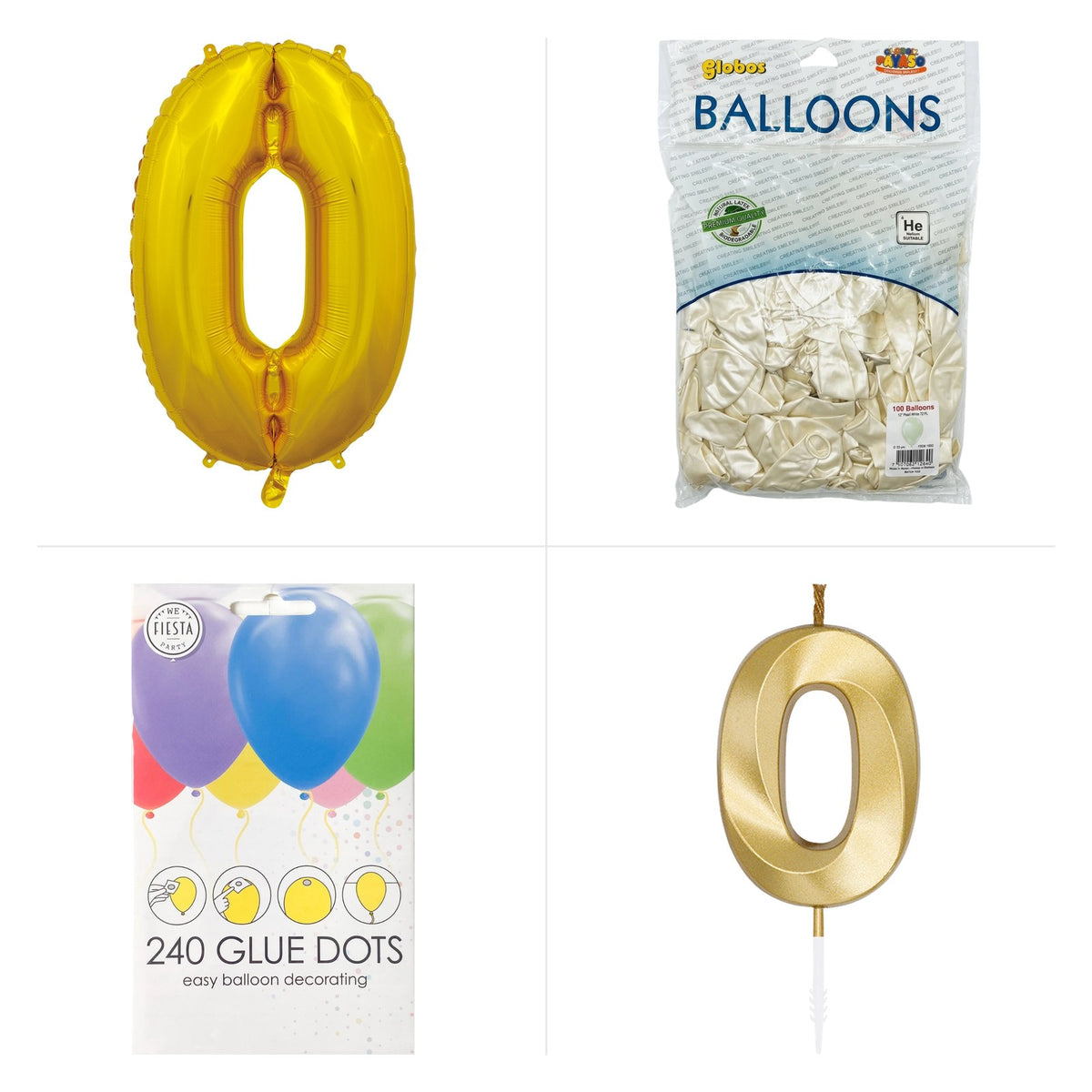 Inhoud van het verjaardagspakket: folie cijferballon, 25 latex ballonnen, glue dots en een cijferkaars