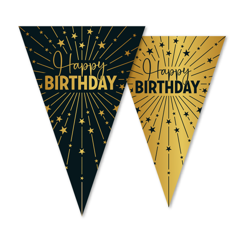 Vlaggenlijn Happy Birthday Goud/Zwart – 10 meter (Dubbelzijdig)