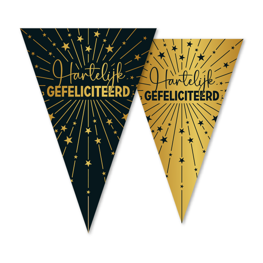 Vlaggenlijn Hartelijk Gefeliciteerd Goud/Zwart – 10 meter (Dubbelzijdig)