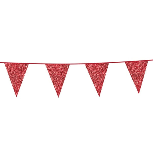Vlaggenlijn Rood Glitter 6 meter (kleine vlaggen)