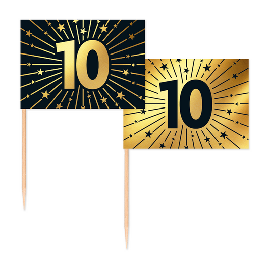 Vlagprikkers 10 jaar: zwart vlaggetje met goud cijfer en goud vlaggetje met zwart cijfer, 50 stuks