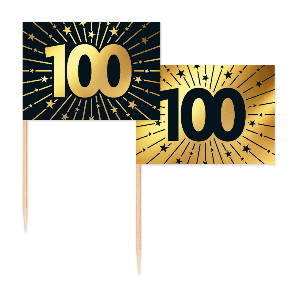 Vlagprikkers 100 jaar: zwart vlaggetje met goudfolie-opdruk en goud vlaggetje met zwarte opdruk, 50 stuks