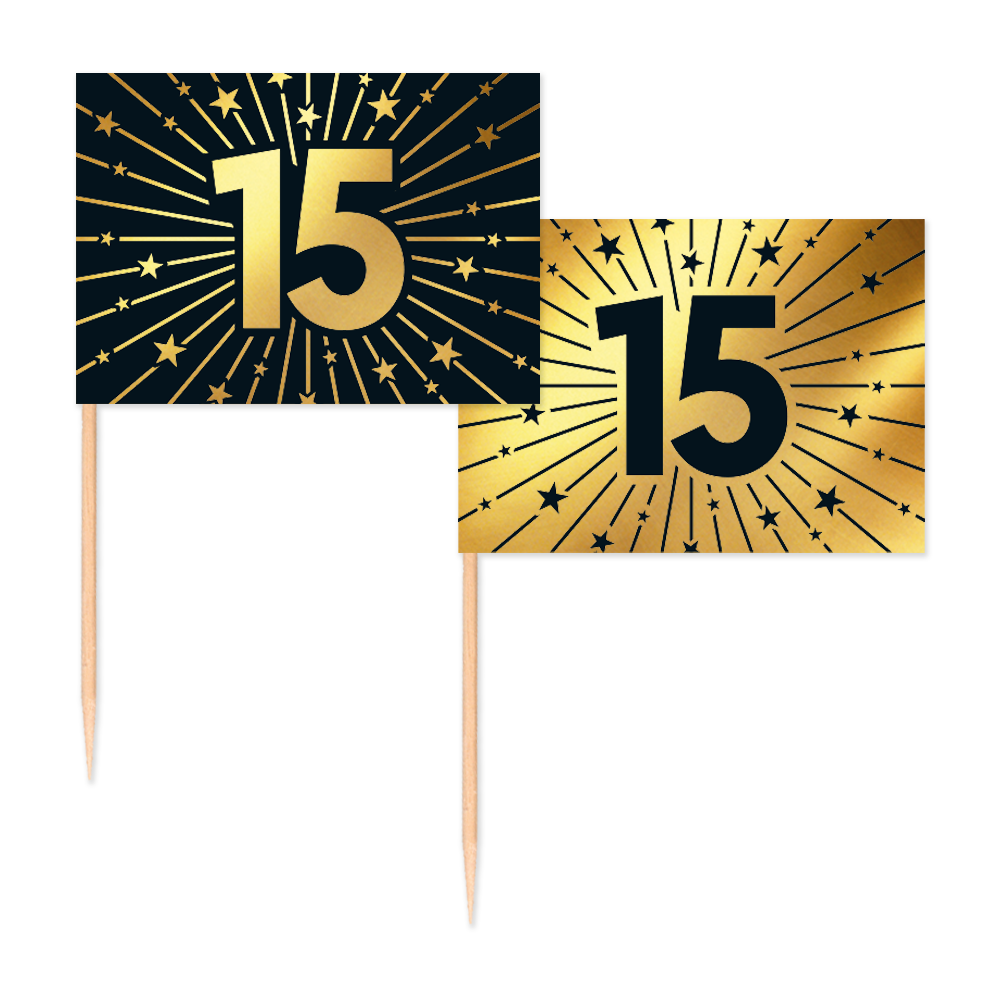 Vlagprikkers 15 jaar: zwart vlaggetje met goud cijfer en goud vlaggetje met zwart cijfer, 50 stuks