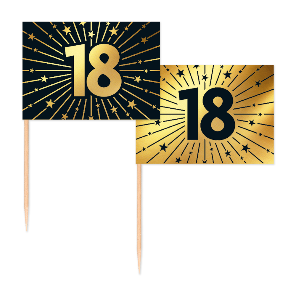 Vlagprikkers 18 jaar: zwart vlaggetje met goud cijfer en goud vlaggetje met zwart cijfer, 50 stuks