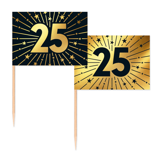 Vlagprikkers 25 jaar: zwart vlaggetje met goud cijfer en goud vlaggetje met zwart cijfer, 50 stuks