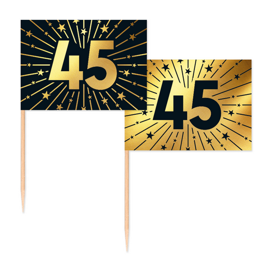 Vlagprikkers 45 jaar: zwart vlaggetje met goud cijfer en goud vlaggetje met zwart cijfer, 50 stuks