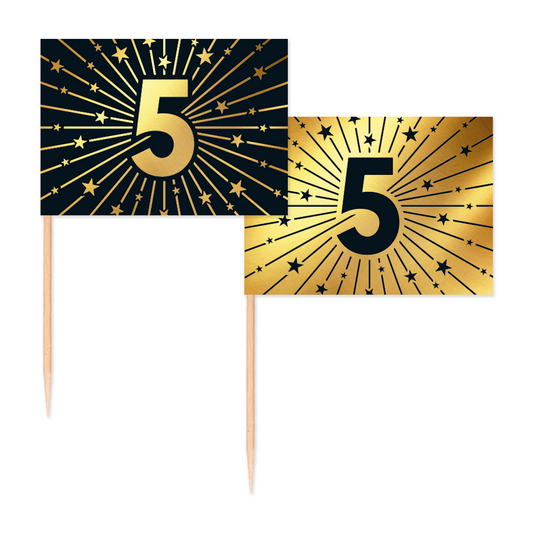 Vlagprikkers 5 jaar: zwart vlaggetje met goud cijfer en goud vlaggetje met zwart cijfer, 50 stuks