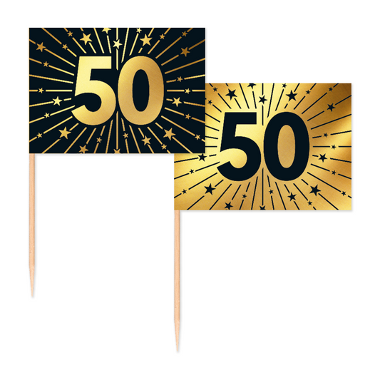 Vlagprikkers 50 jaar: zwart vlaggetje met goud cijfer en goud vlaggetje met zwart cijfer, 50 stuks