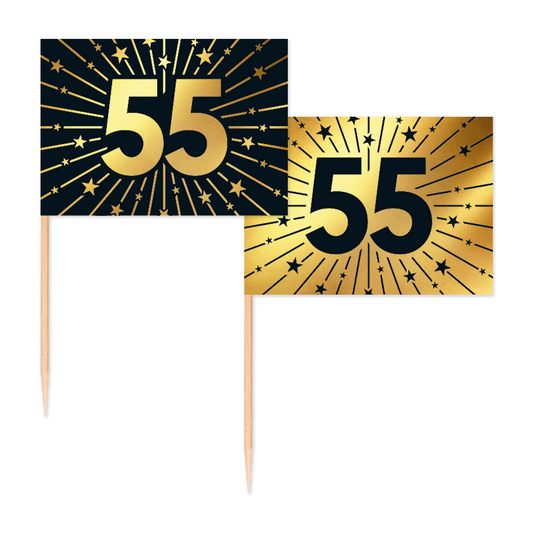 Vlagprikkers 55 jaar: zwart vlaggetje met goud cijfer en goud vlaggetje met zwart cijfer, 50 stuks