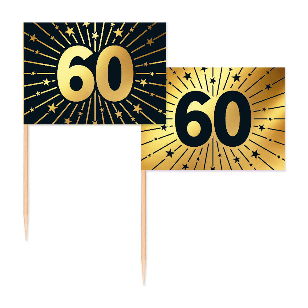 Vlagprikkers 60 jaar: zwart vlaggetje met goud cijfer en goud vlaggetje met zwart cijfer, 50 stuks