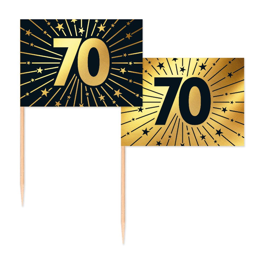 Vlagprikkers 70 jaar: zwart vlaggetje met goud cijfer en goud vlaggetje met zwart cijfer, 50 stuks