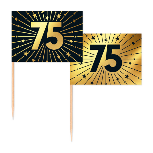 Vlagprikkers 75 jaar: zwart vlaggetje met goud cijfer en goud vlaggetje met zwart cijfer, 50 stuks