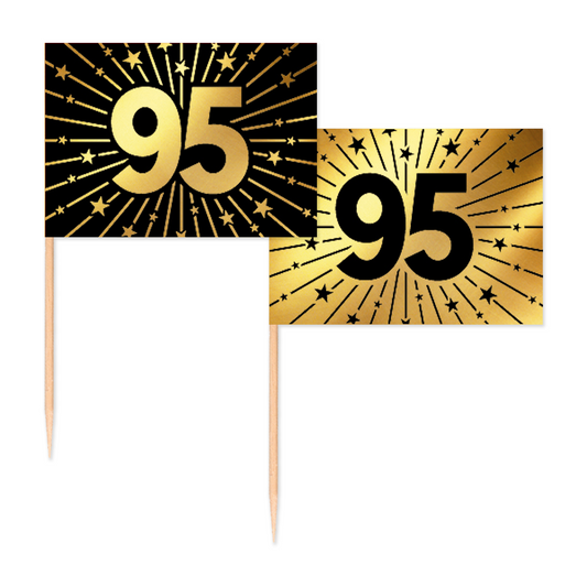 Vlagprikkers 95 jaar: zwart vlaggetje met goudfolie-opdruk en goud vlaggetje met zwarte opdruk, 50 stuks