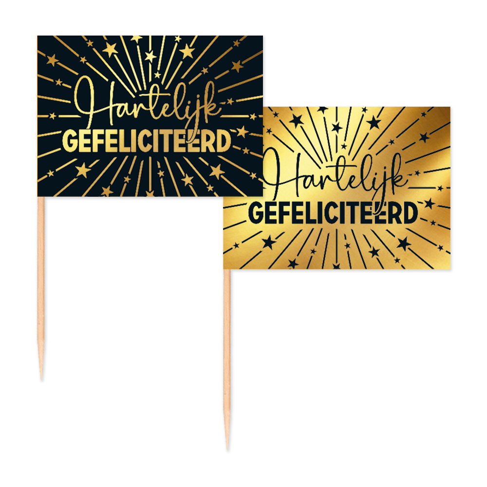 Vlagprikkers Hartelijk Gefeliciteerd: zwart vlaggetje met goudfolie-opdruk en goud vlaggetje met zwarte opdruk, 50 stuks