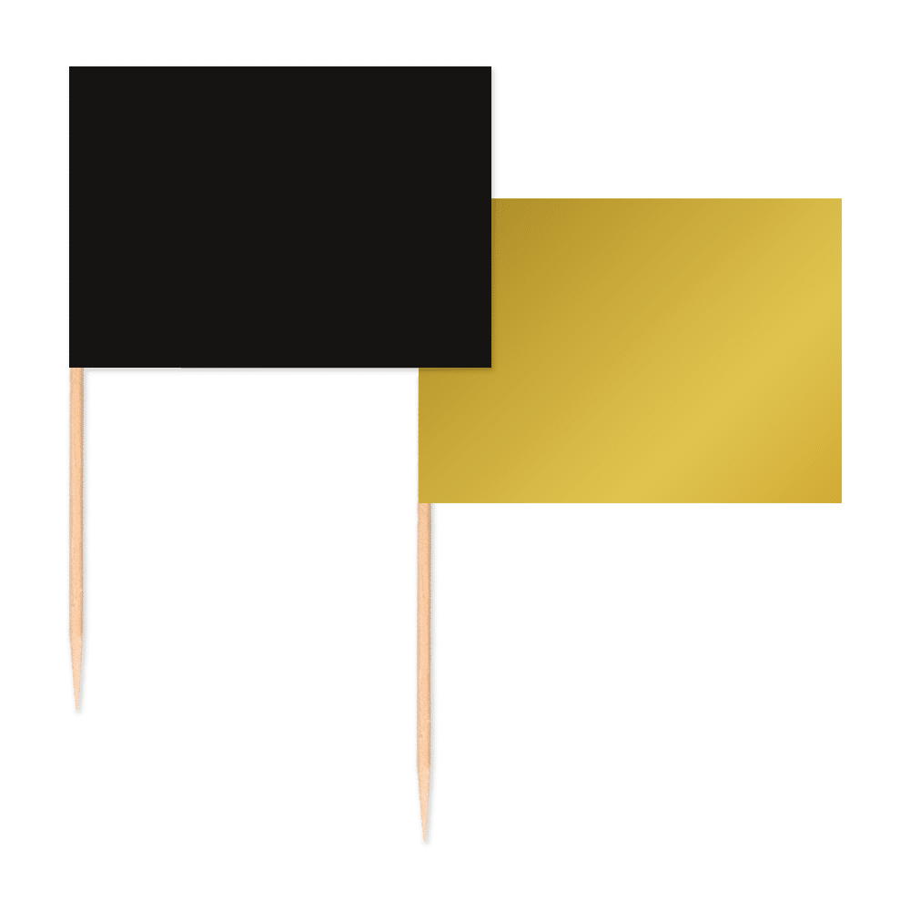 Vlagprikkers Zwart & Goud: zwart vlaggetje met goudfolie-opdruk en goud vlaggetje met zwarte opdruk, 50 stuks